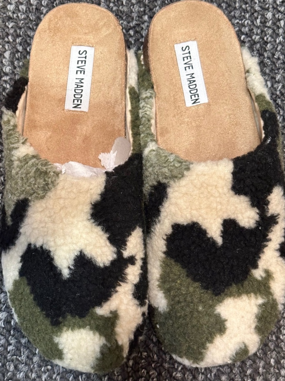 Steve Madden Vesa camo sherpa clogs featuring a green and white camouflage print